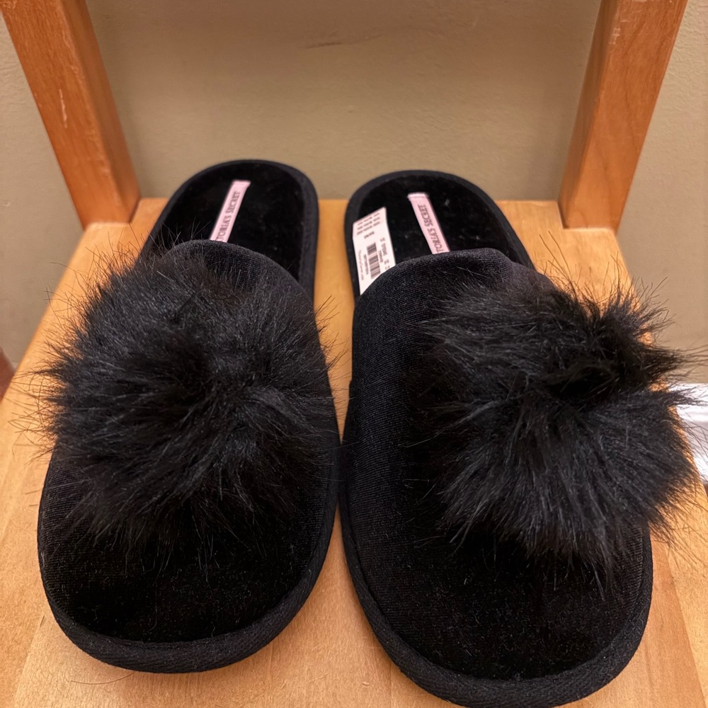 Victoria Secret Black Pom Pom Slippers